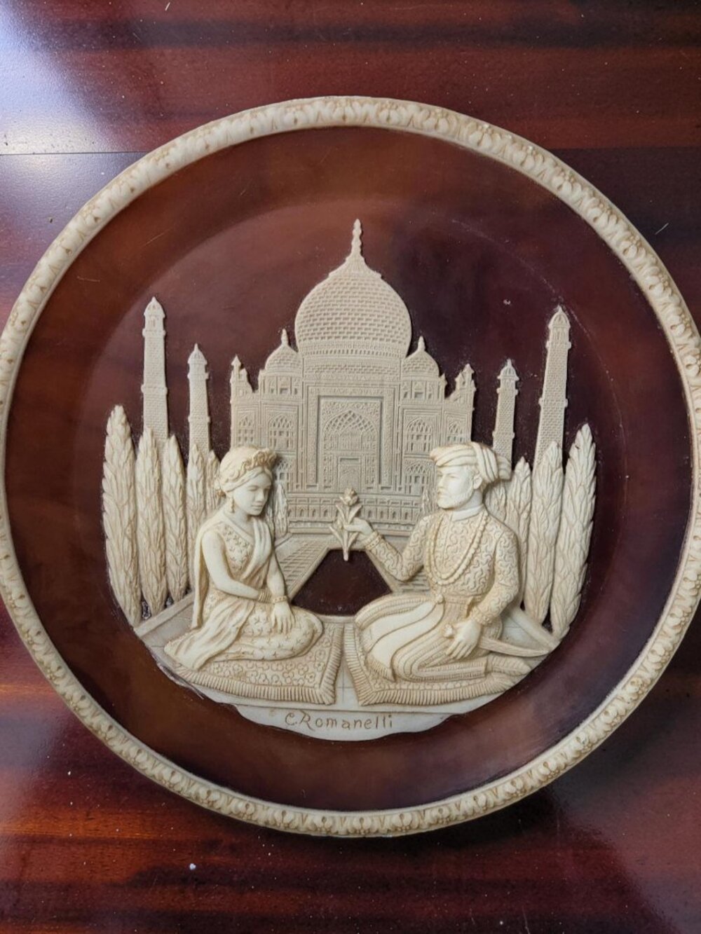 Vintage Incolay stone decorative plate titled "The Taj Mahal Lovers" featuring 3